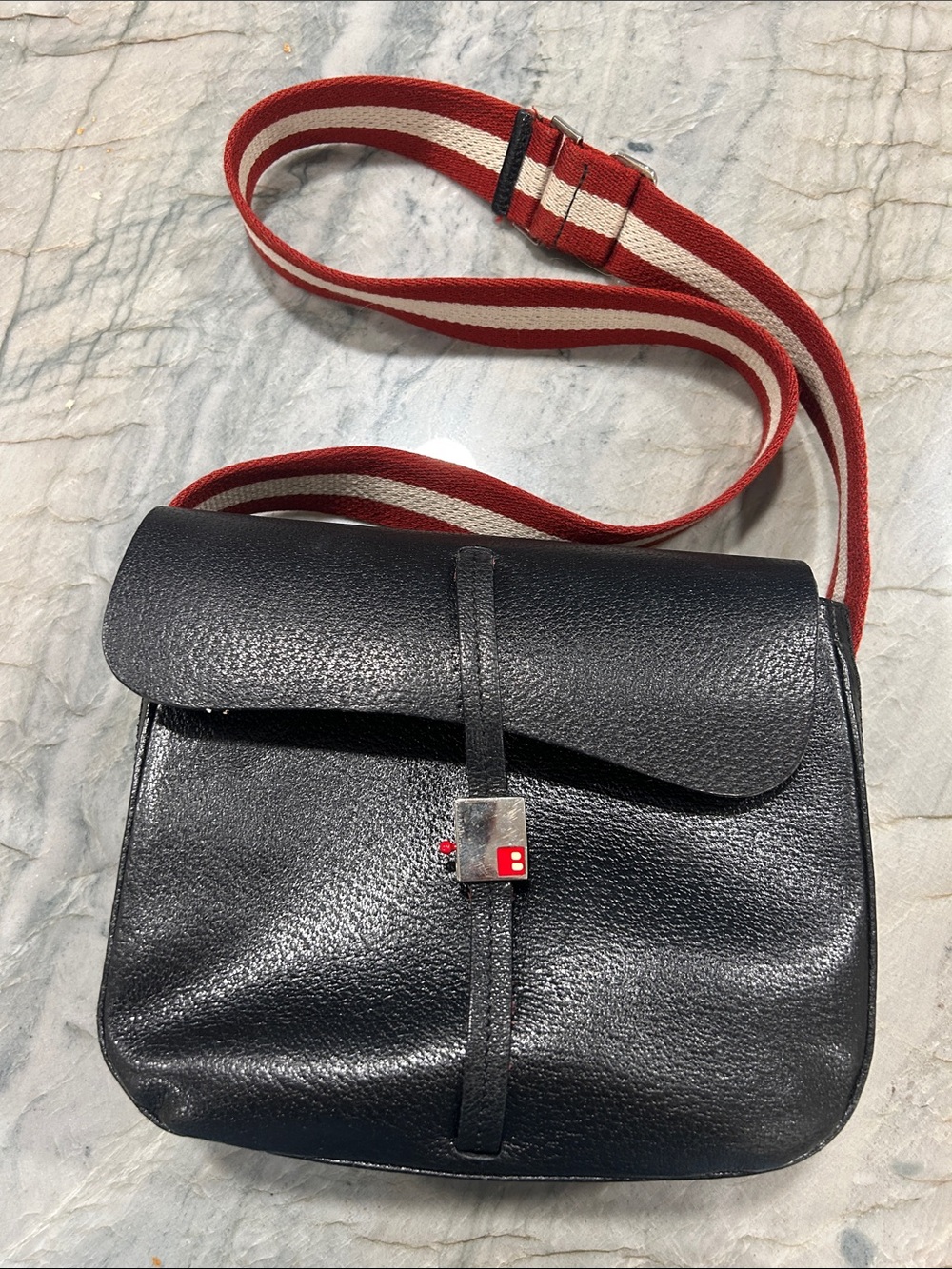 Bally Black Leather Shoulder Bag with Red and Cream Striped Strap
